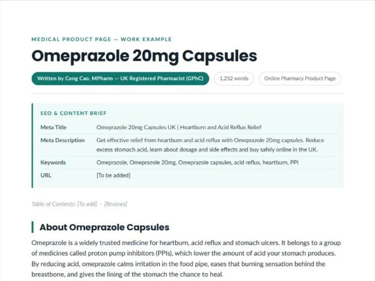 Omeprazole 20mg Capsules product page example by a UK pharmacist