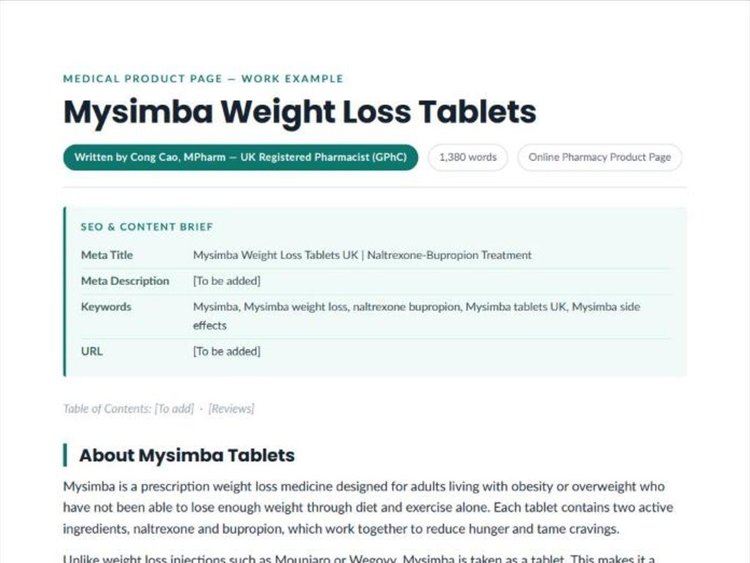 Mysimba Weight Loss Tablets product page example by a UK pharmacist