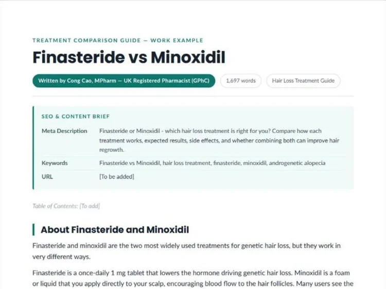Finasteride vs Minoxidil comparison guide example by a UK pharmacist