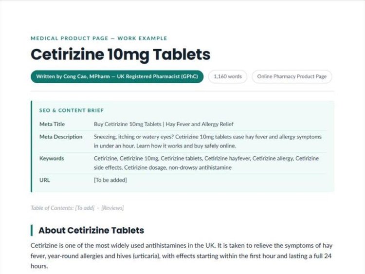Cetirizine 10mg Tablets product page example by a UK pharmacist