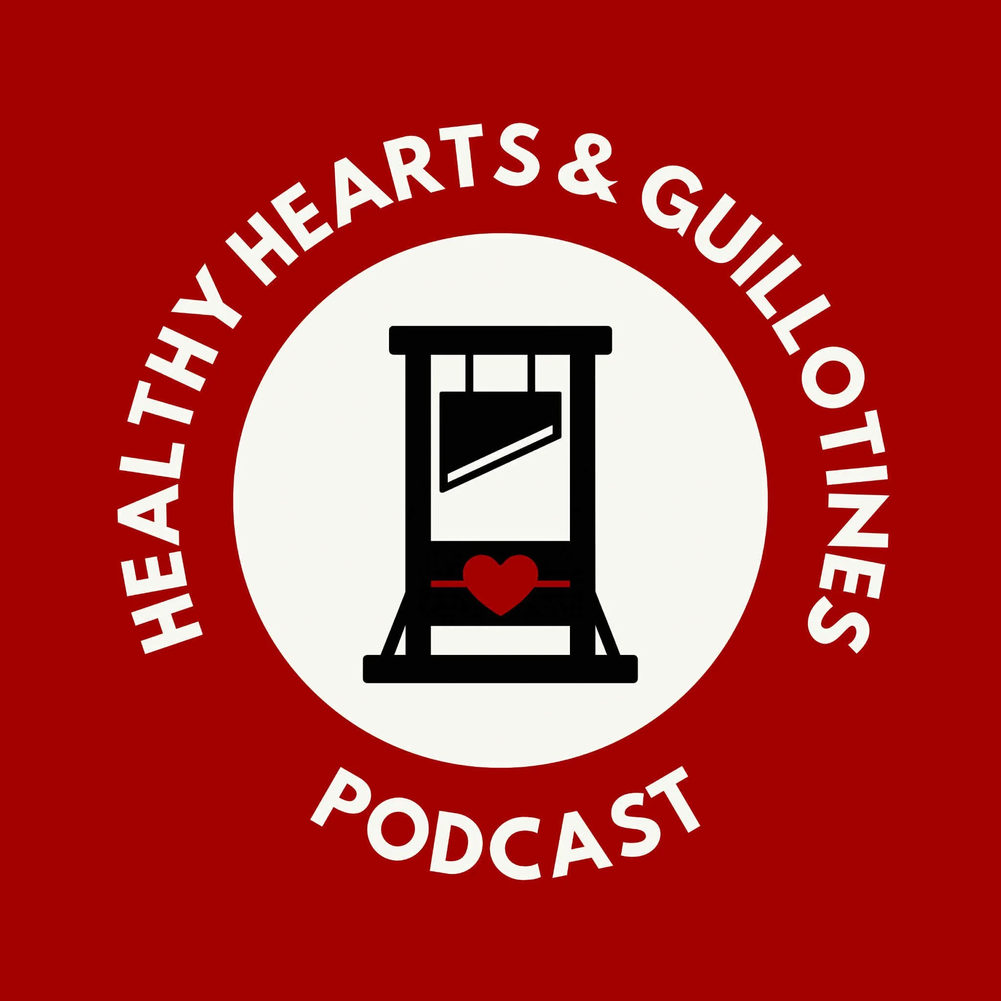 Podcast logo with red background and white circle containing a black bridge with a red heart, surrounded by the text 'Healing Thy Hearts & Guildotines Podcast'.