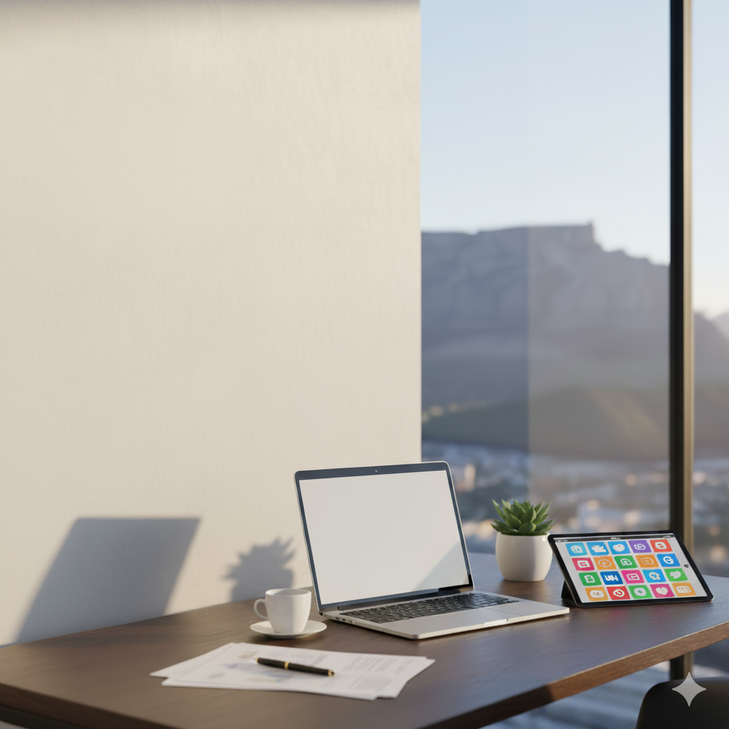 Modern workspace with a desk, open laptop, tablet displaying colorful app icons, potted plant, white coffee mug, pen, and documents, with a large window showing mountains in the background.