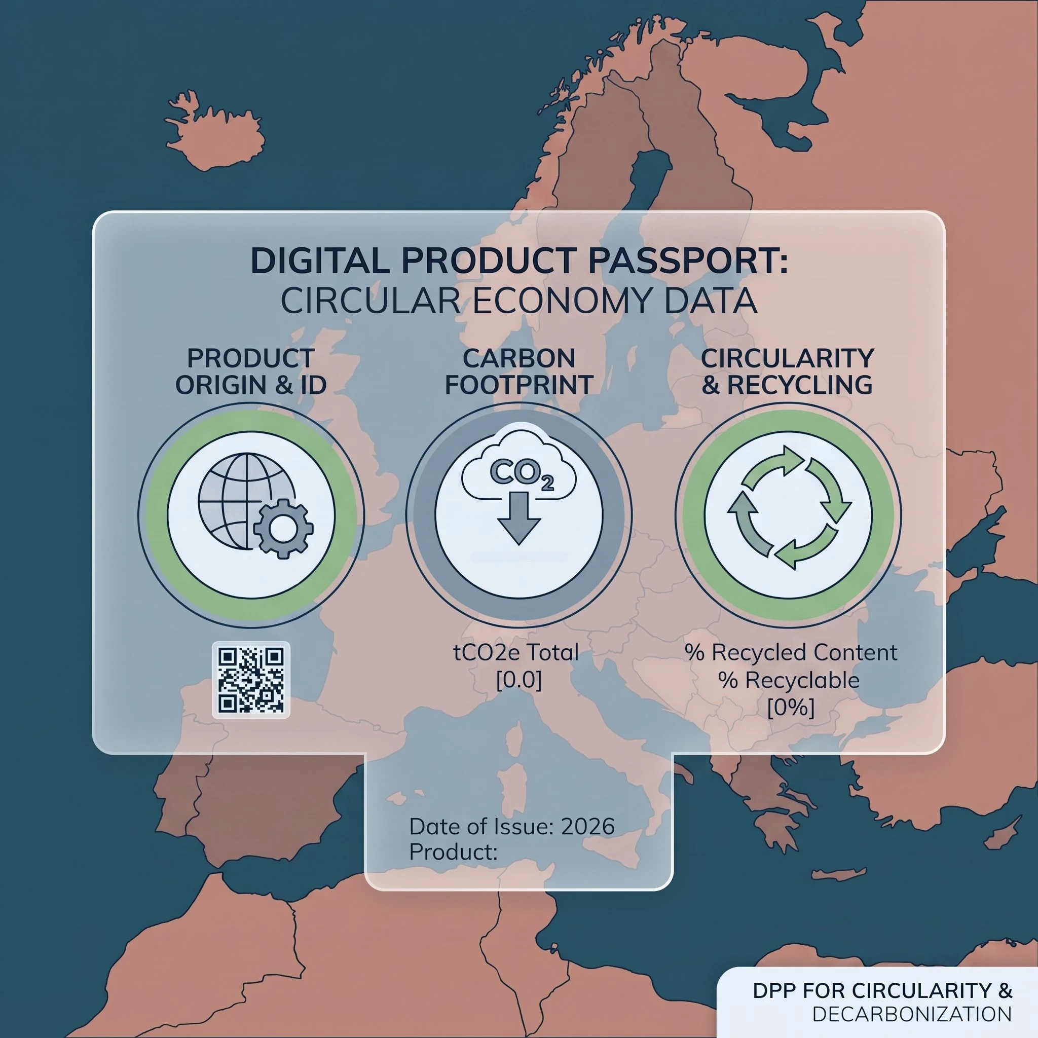 Map of Europe with overlaid infographic titled 'Digital Product Passport: Circular Economy Data' showing icons related to product origin, carbon footprint, and recyclability, with additional data points including CO2 total, date of issue, and product.