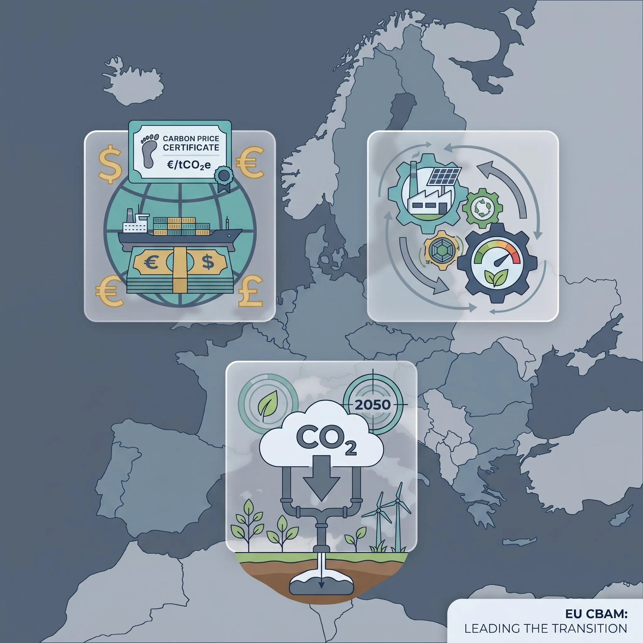A map of Europe with several infographic overlays about climate transition, including a carbon price certificate, renewable energy infrastructure, and a plant. The overlay text reads 'EU CBAM: Leading the Transition'.