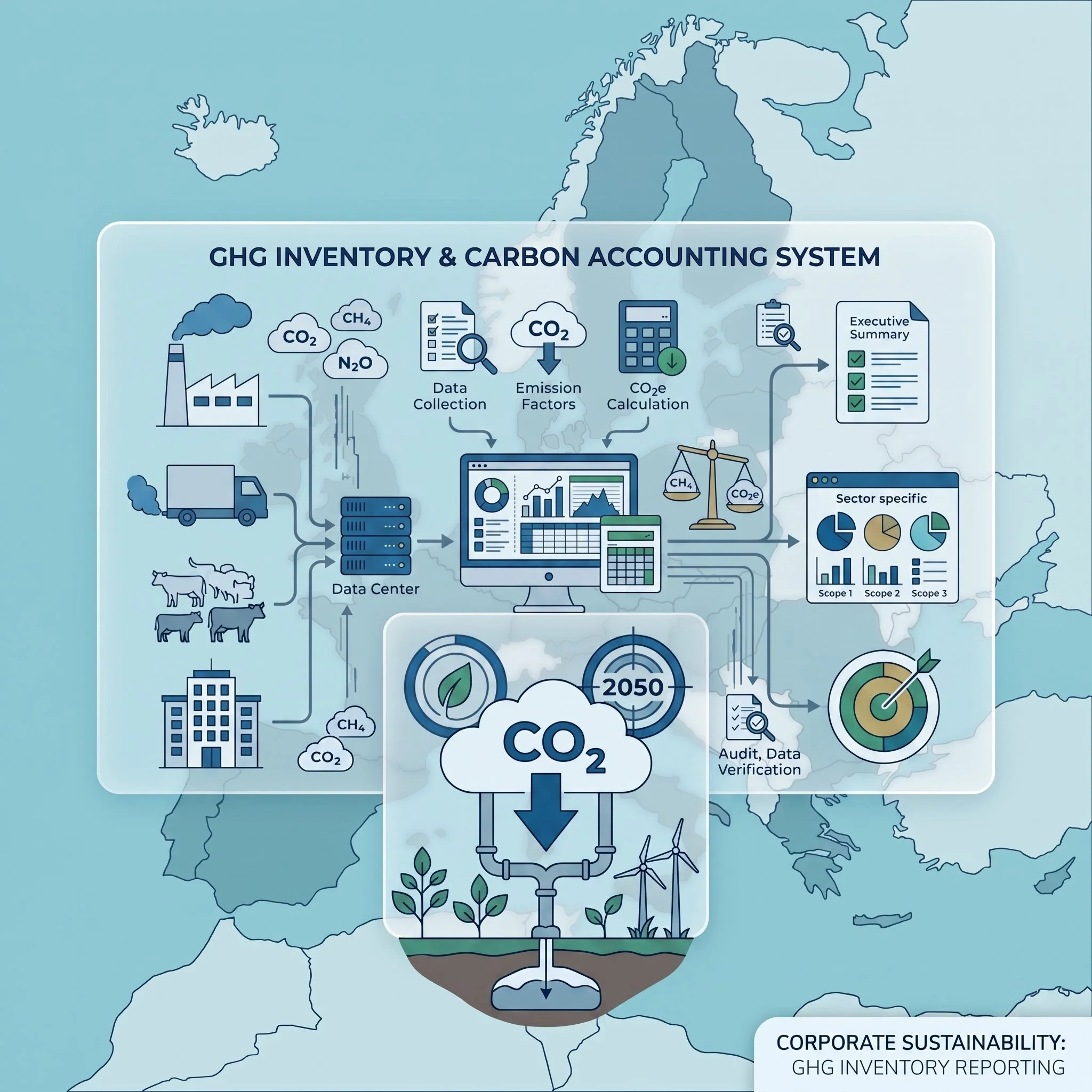 Map with an overlay diagram illustrating greenhouse gas inventory and carbon accounting system for corporate sustainability. Elements include data collection, emission factors, CO2 calculation, data center, and renewable energy sources.
