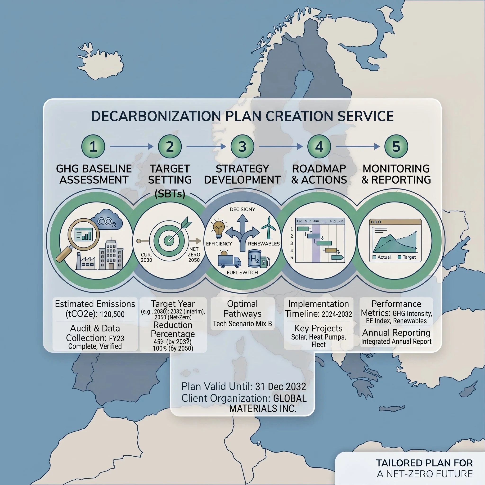 A map of Iceland with overlaid infographic detailing the Decarbonization Plan Creation Service, including steps such as GHG baseline assessment, target setting, strategy development, roadmap and actions, and monitoring and reporting, along with additional data on emission estimates, target years, and key projects.