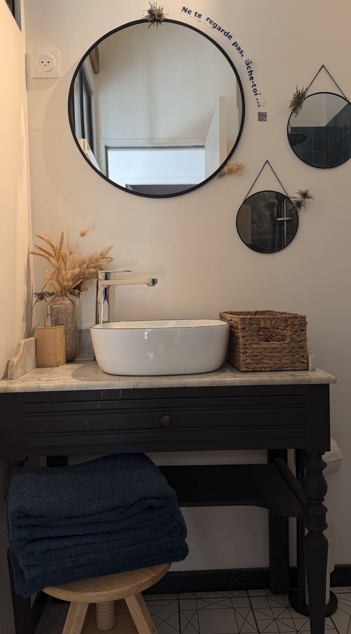 Lavabo blanc sur une table en bois sombre, avec un miroir rond et deux petits miroirs rectangulaires décoratifs, tous ornés de plantes séchées, dans une salle de bain ou un espace de toilette.