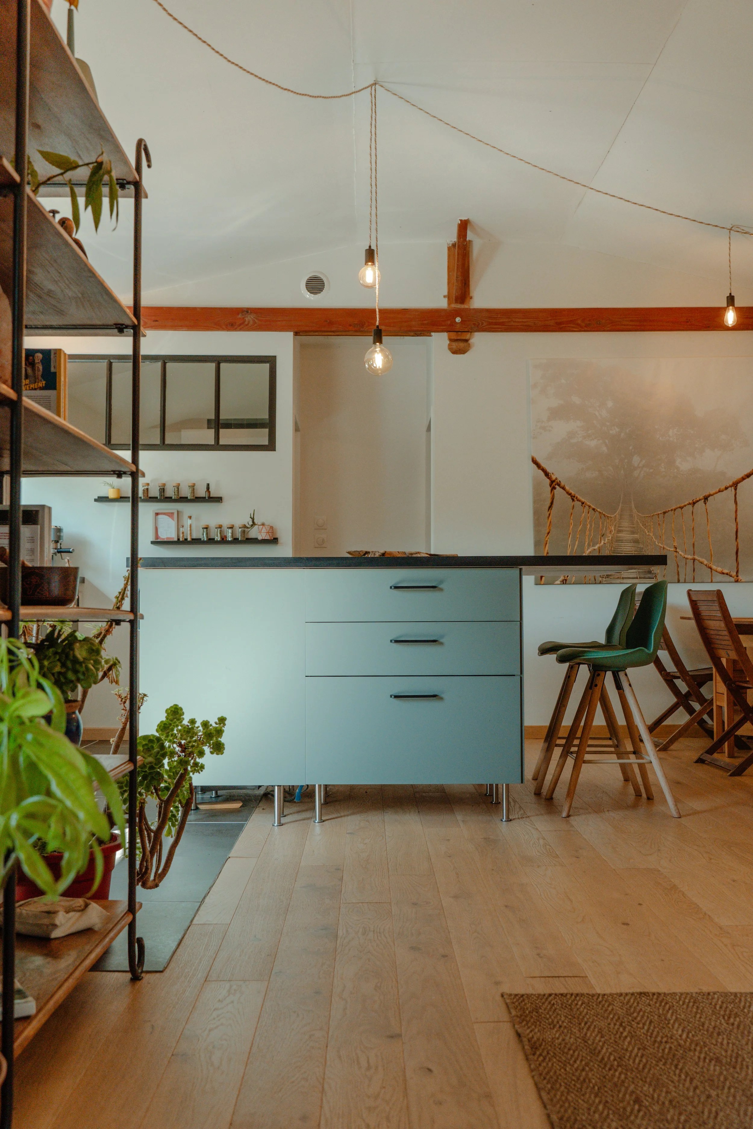 Intérieur d'une cuisine chaleureuse et convivial, des colonnes de plantes vertes sur une étagère en métal, un meuble bleu avec tiroirs, des chaises en bois et une illustration décorative murale, idéal pour les familles.