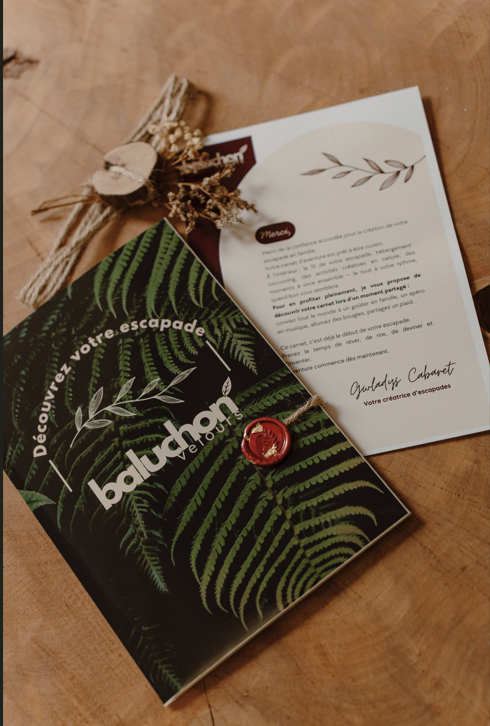 carnet d'aventure avec un fond de feuilles de fougère vert foncé, un message en français et un bouton en cire rouge, posée sur une surface en bois avec une carte écrite en français à côté.
