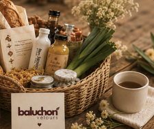 Panier contenant des produits gourmand, une tasse de thé, et des fleurs, avec un fond en bois.