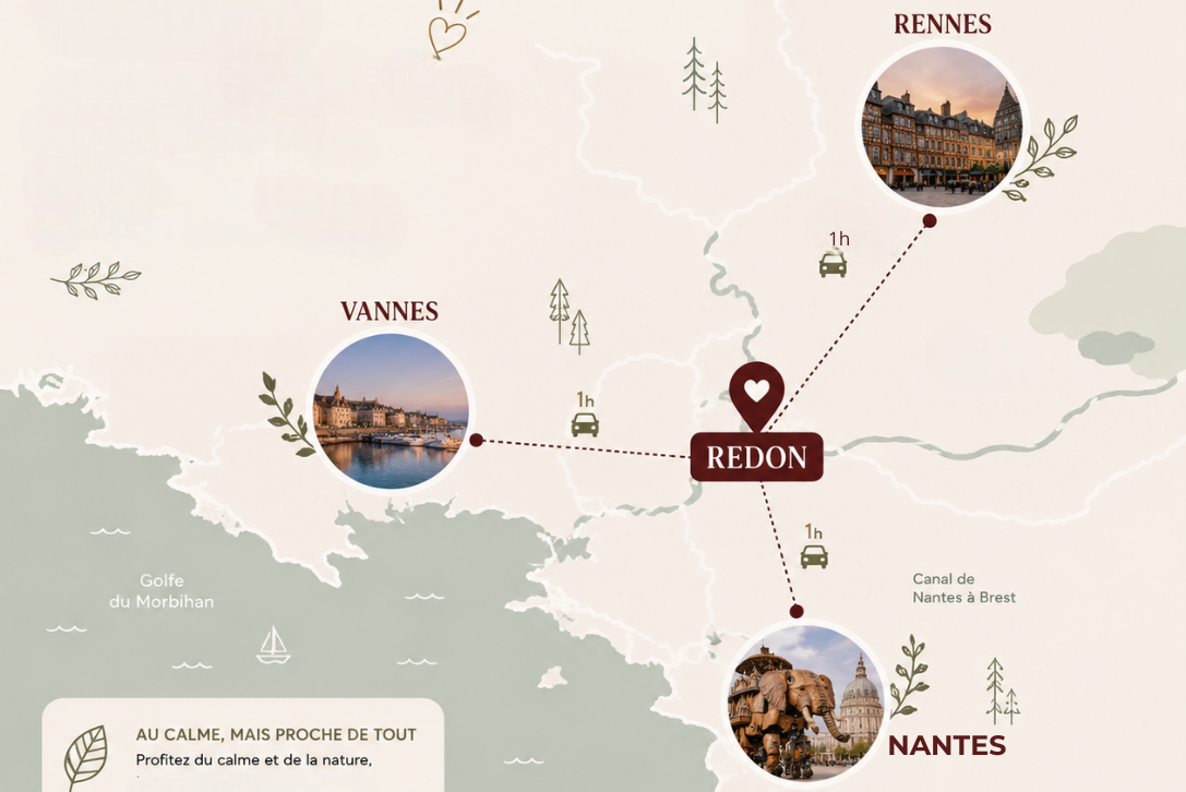 Carte illustrée montrant un itinéraire de Redon à Vannes, Rennes et Nantes, avec des photos de chaque lieu, des lignes pointillées, des icônes de voiture et des éléments décoratifs végétaux.