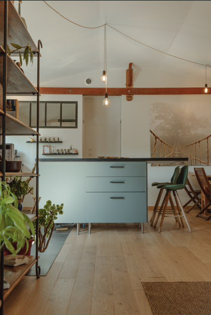 Cuisine moderne avec îlot de cuisine rose, étagères en métal avec plantes, chaises vertes et en bois, ambiance chaleureuse avec guirlandes lumineuses.