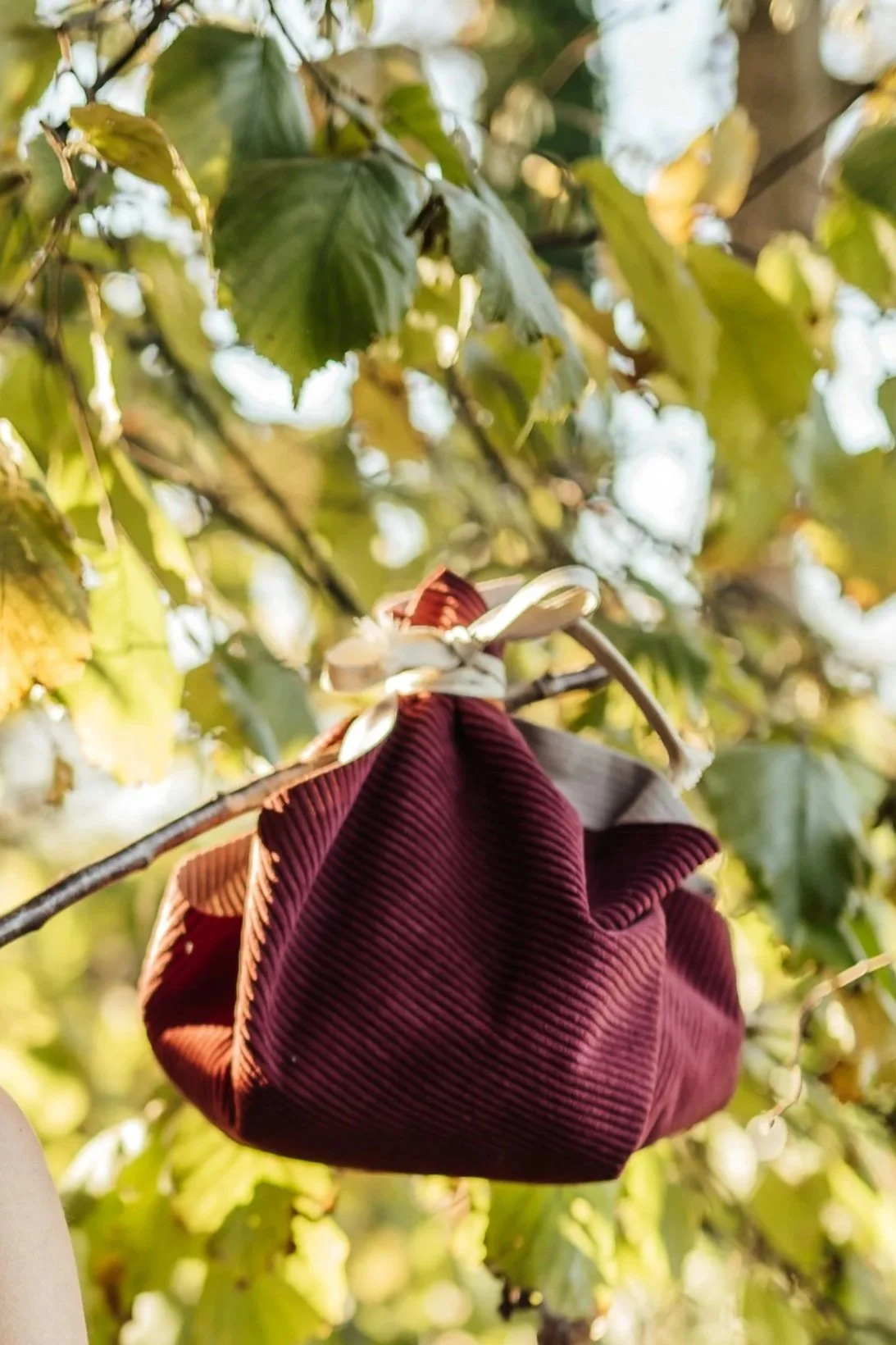 baluchon velours sur un baton avec des feuilles vertes.
