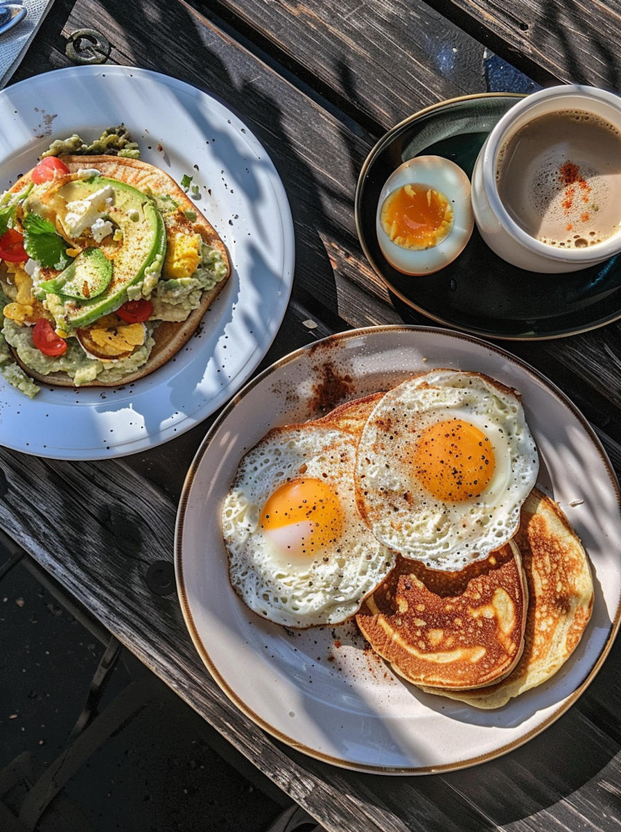 brunch fait maison, Deux assiettes de petit déjeuner avec œufs au plat, pancakes, avocat, tomates, et un mug de café avec un œuf à la coque.