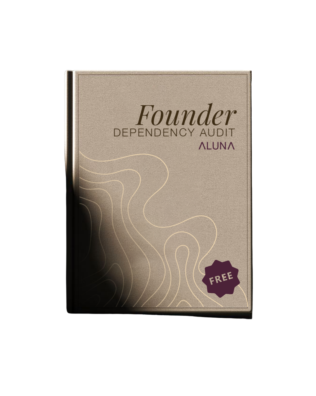 A beige box titled "Founder Dependency Audit ALUNA" with a contour map design and a purple "Free" badge on the bottom right corner.