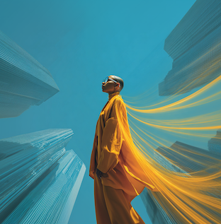 Pale blue sky with person wearing gold clothing