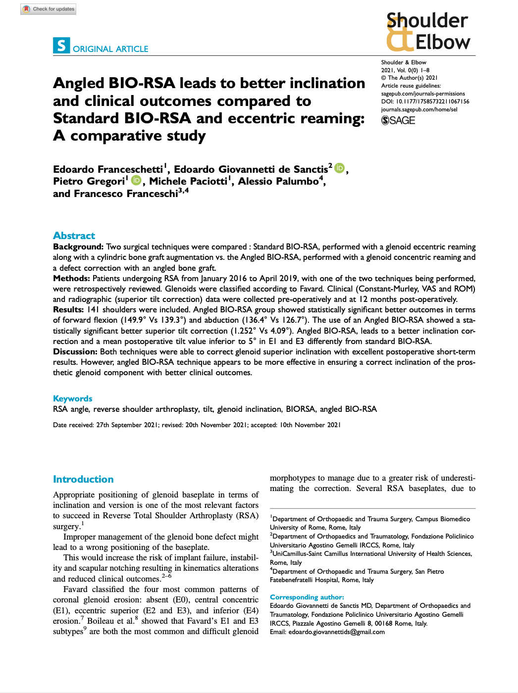 Article " Angled BIO-RSA leads to a better inclination and clinical outcomes compared to standard BIO-RSA and eccentric reaming: A comparative study" co editor Edoardo Giovannetti de Sanctis