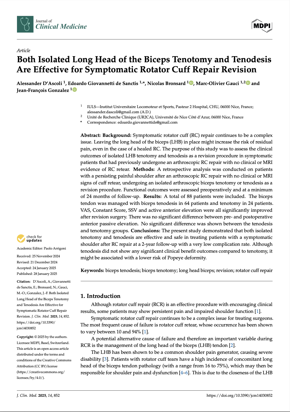 Article " Both Isolated Long Head of the Biceps Tenotomy and Tenodesis are effective for symptomatic rotator cuff repair revision" co editor Edoardo Giovannetti de Sanctis