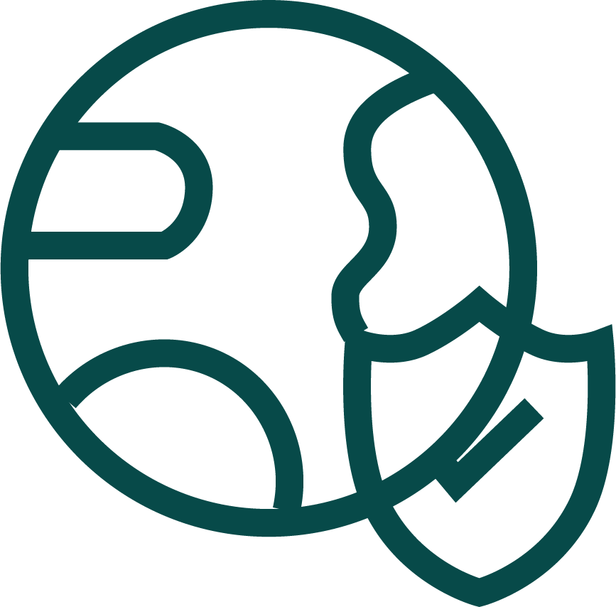 Line art illustration of a globe with incomplete continents and a leaf overlapping the right side of the globe.