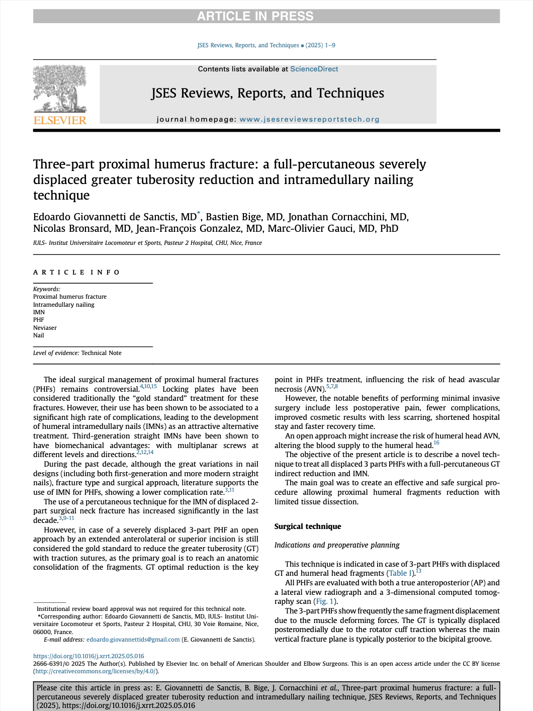 Article "Three-part proximal humerus fracture: a full-percutaneous severely displaced greater tuberosity reducution and intramedullary nailing technique" co editor Edoardo Giovannetti de Sanctis