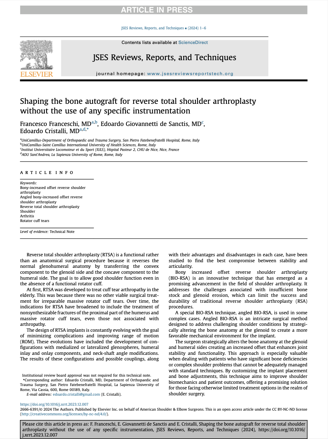 Article "Shaping the bone autograft for reverse total shoulder arthroplasty without the use of any specific instrumentation" co editor Edoardo Giovannetti de Sanctis