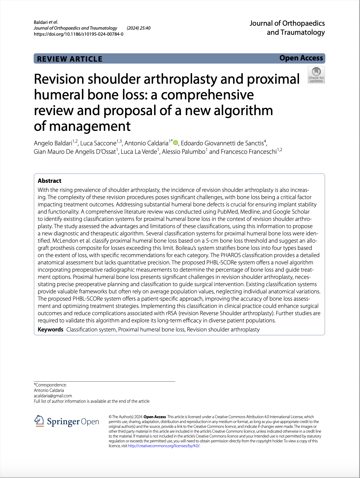 Article " Revision shoulder arthroplasty and proximal humeral bone loss: a comprehensive review and proposal of a new algorithm of management" co editor Edoardo Giovannetti de Sanctis