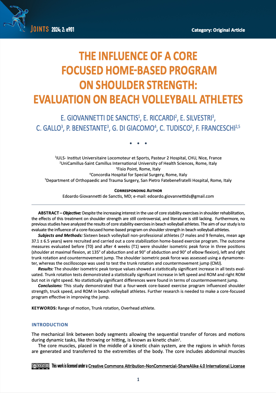 Article "The influence of a core focused home-based program on shoulder strength: evaluation on beach volleyball athletes" co editor Edoardo Giovannetti de Sanctis