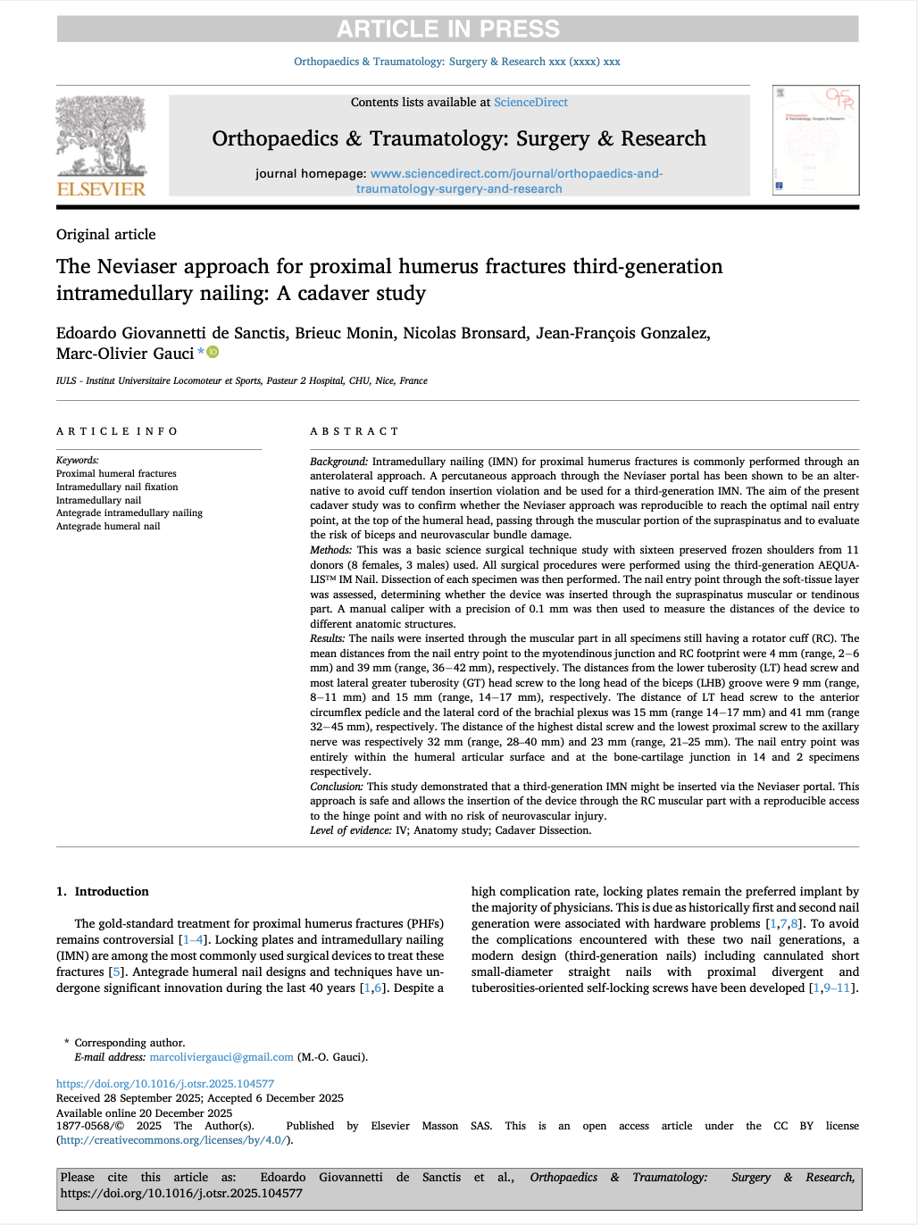 Article "The Neviaser approach for proximal humerus fractures third-generation intramedullary nailing: A cadaver case study" co editor Edoardo Giovannetti de Sanctis