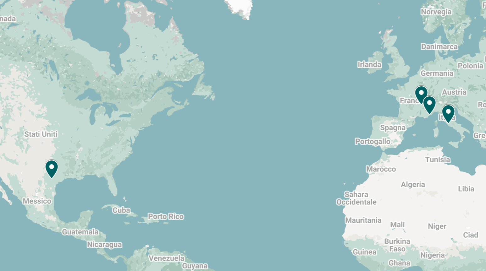 Map showing locations marked in the United States, France, Italy, and the Netherlands.