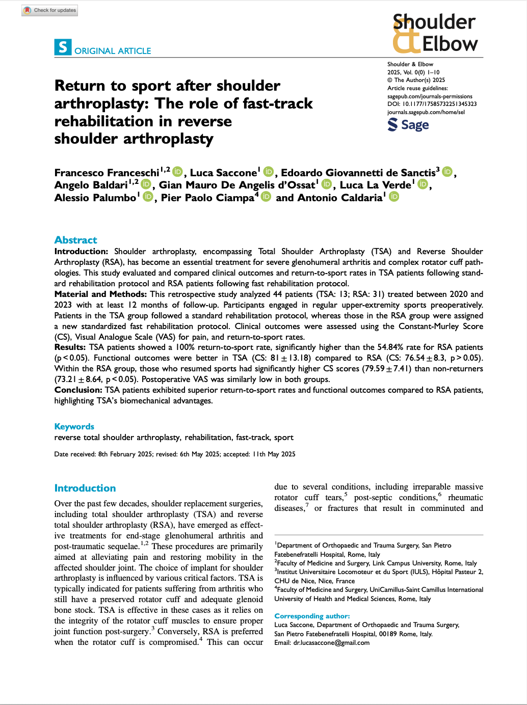 Article " Return to sport after shoulder arthroplasty: The role od fast.track rehabilitation in reverse shoulder arthroplasty" co editor Edoardo Giovannetti de Sanctis