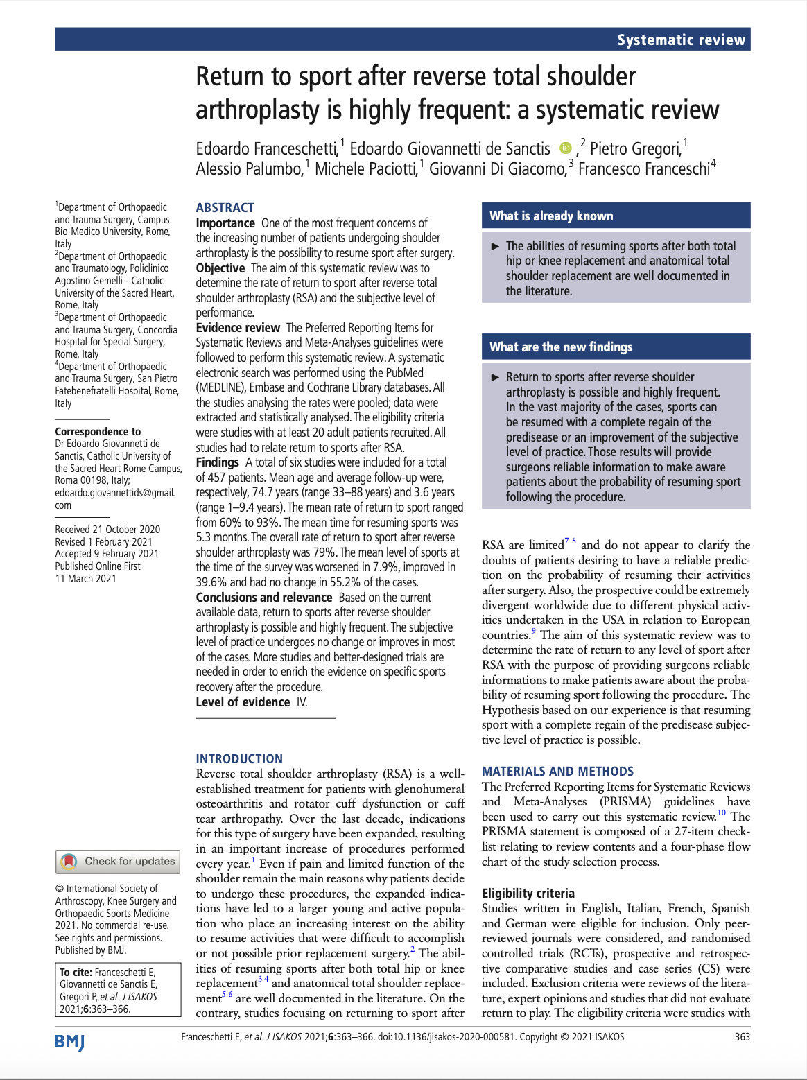Article "Return to sport after reverse shoulder arthroplasty in highly frequent: a systematic review" co editor Edoardo Giovannetti de Sanctis