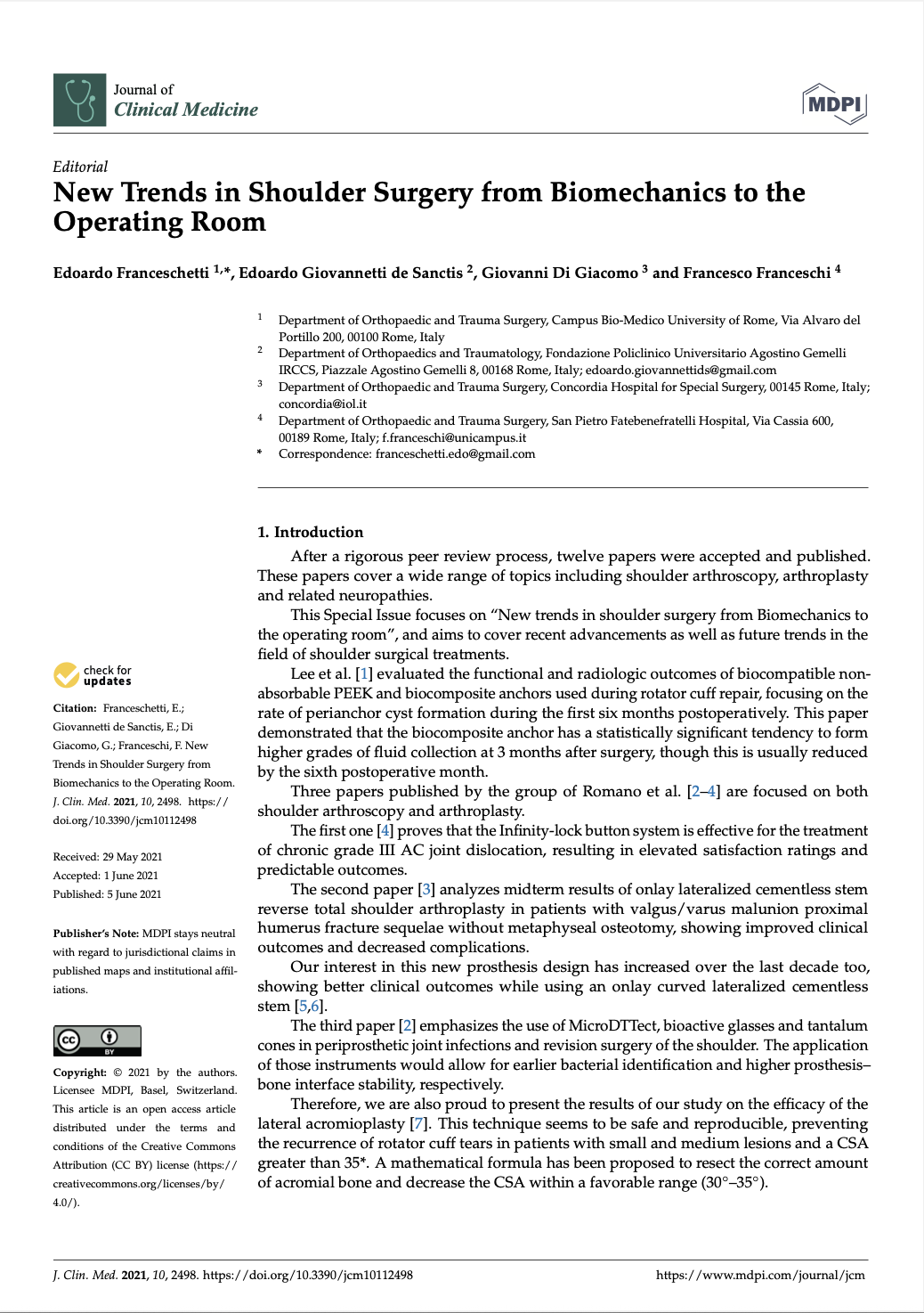 Article "New Trends in Shoulder Surgery from Biomechanics to the Operating Room" co editor Edoardo Giovannetti de Sanctis
