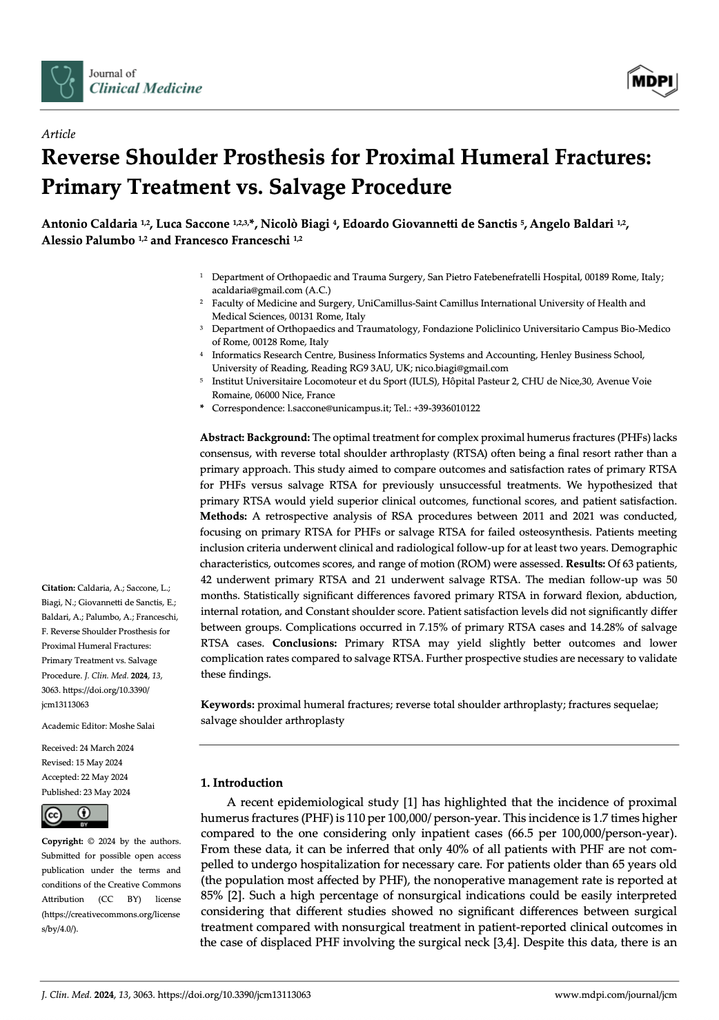 Article "Reverse shoulder prosthesis for proximal humeral fractures: Primary treatment vs. salvage procedure" co editor Edoardo Giovannetti de Sanctis