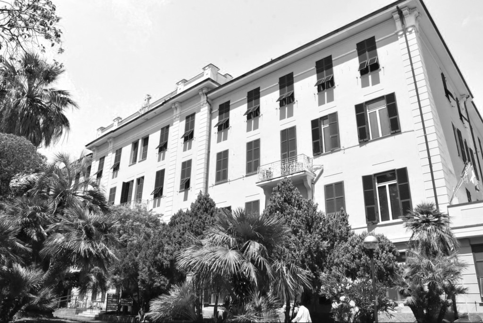 A large multi-story white building with a curved roof and multiple windows, some open, surrounded by dense trees and palm trees in the foreground.