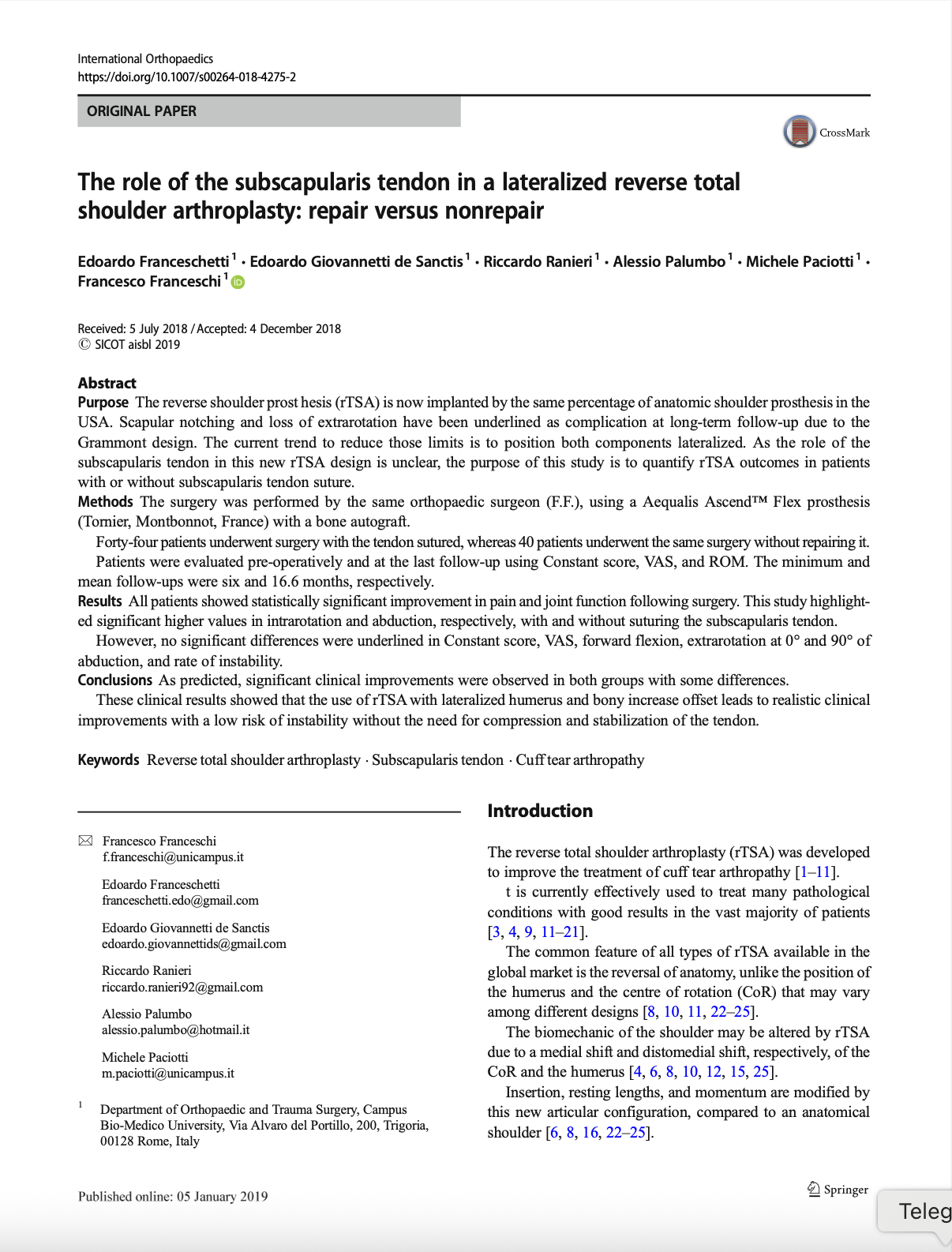 Article "The role of the subscapularis tendon in a lateralized reverse total shoulder arthroplasty: repair versus nonrepair', co editor Edoardo Giovannetti de Sanctis