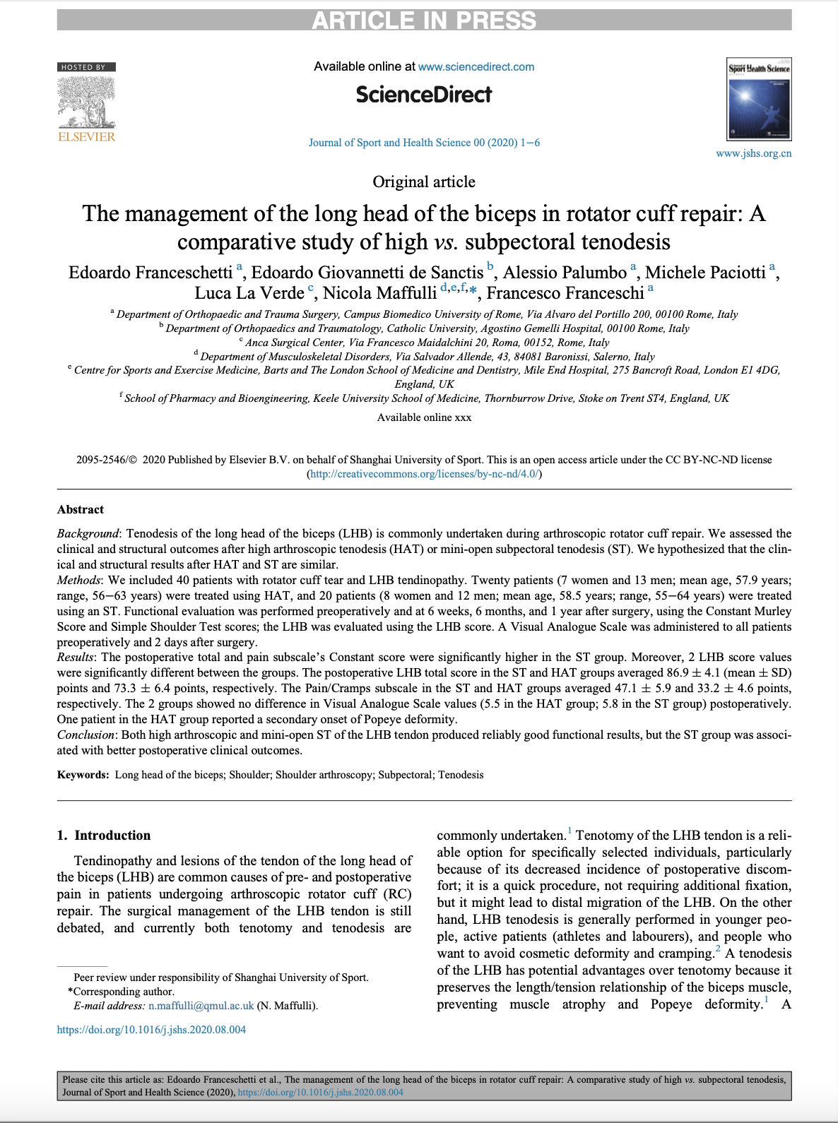 Article " The management of the long head of the biceps in rotator cuff repair: A comparative study of high vs. subpectoral tenodesis"co editor Edoardo Giovannetti de Sanctis
