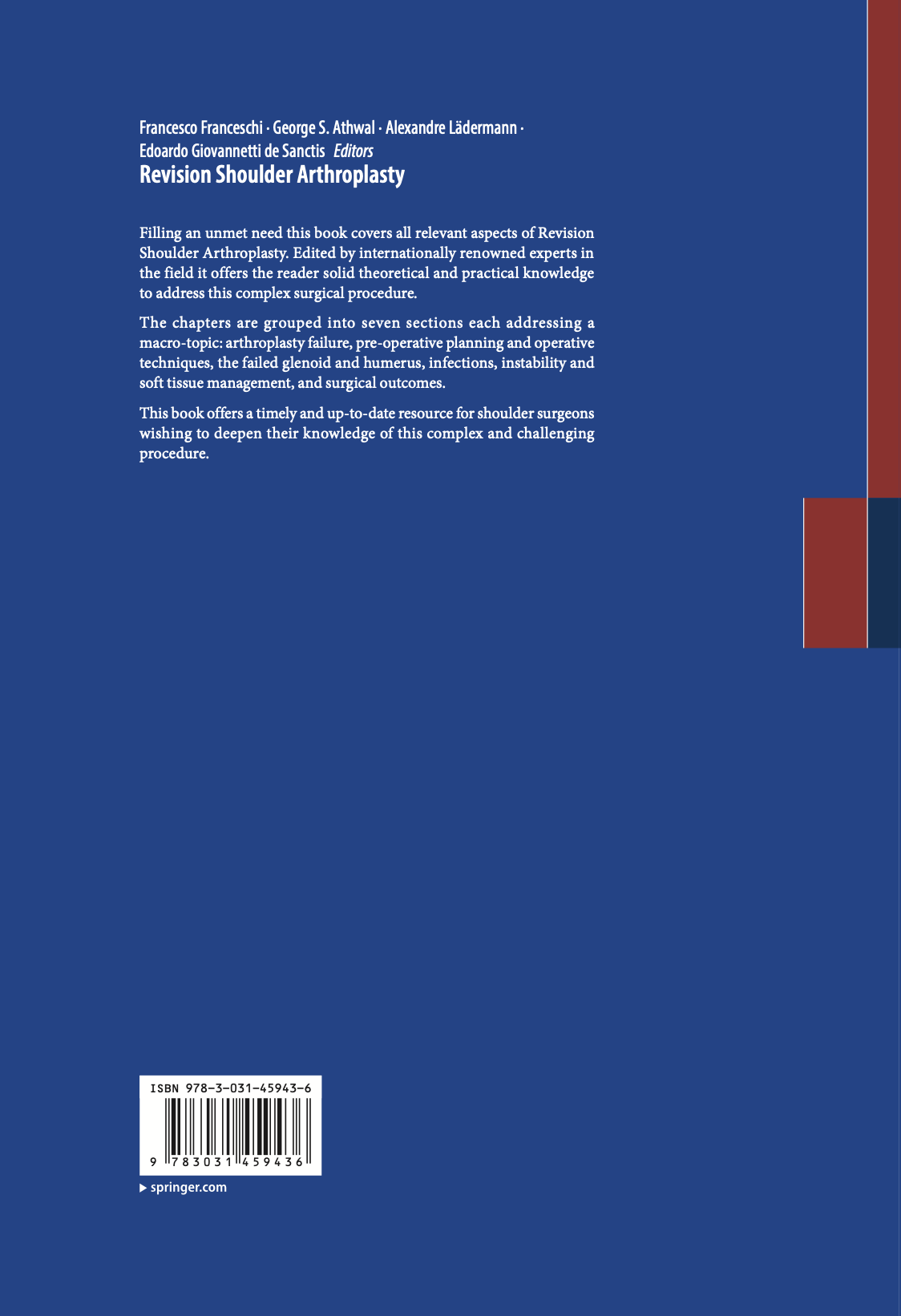 Publications | Back cover of the book titled 'Revision Shoulder Arthroplasty,' co editor Edoardo Giovannetti de Sanctis