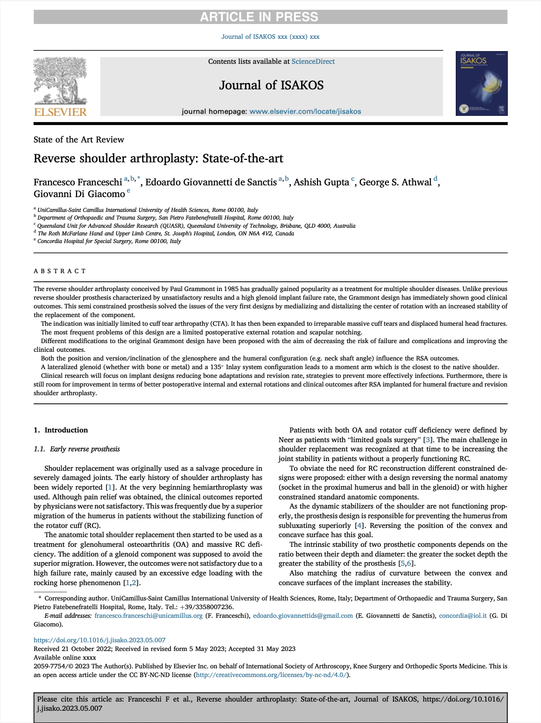 Article "Reverse Shoulder Arthroplasty: State-of-the-Art" co editor Edoardo Giovannetti de Sanctis
