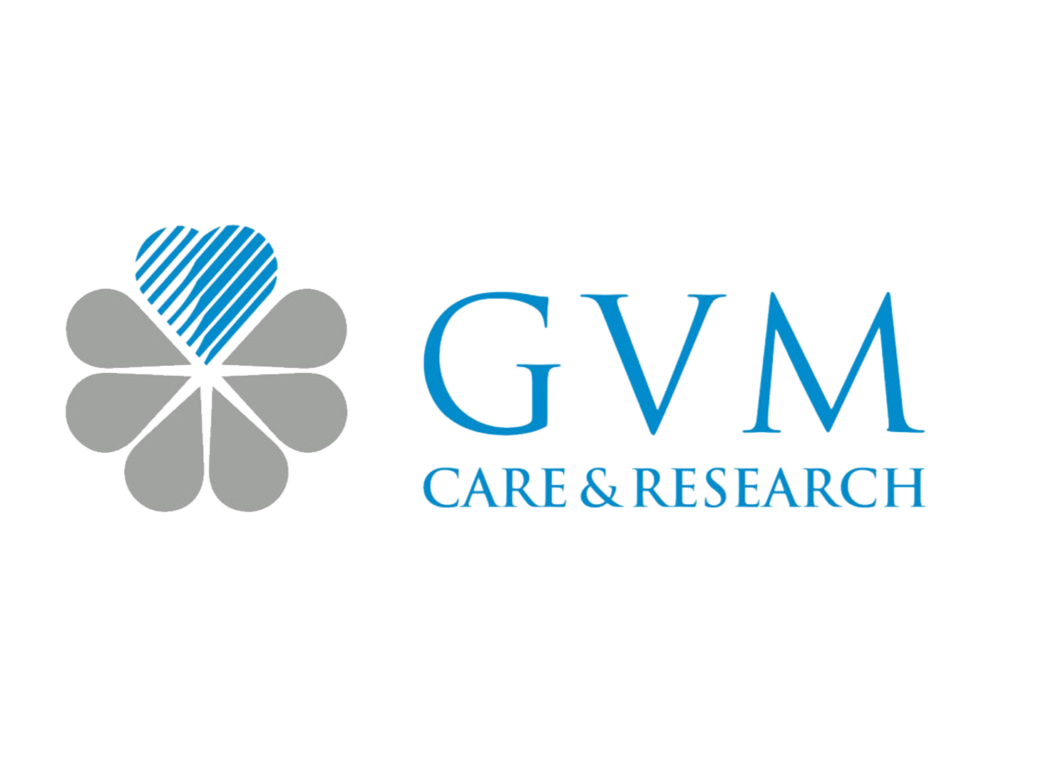 Logo for GVM Care & Research featuring a stylized flower with six gray petals and a blue-striped heart-shaped element, with the text "GVM CARE & RESEARCH" in blue.