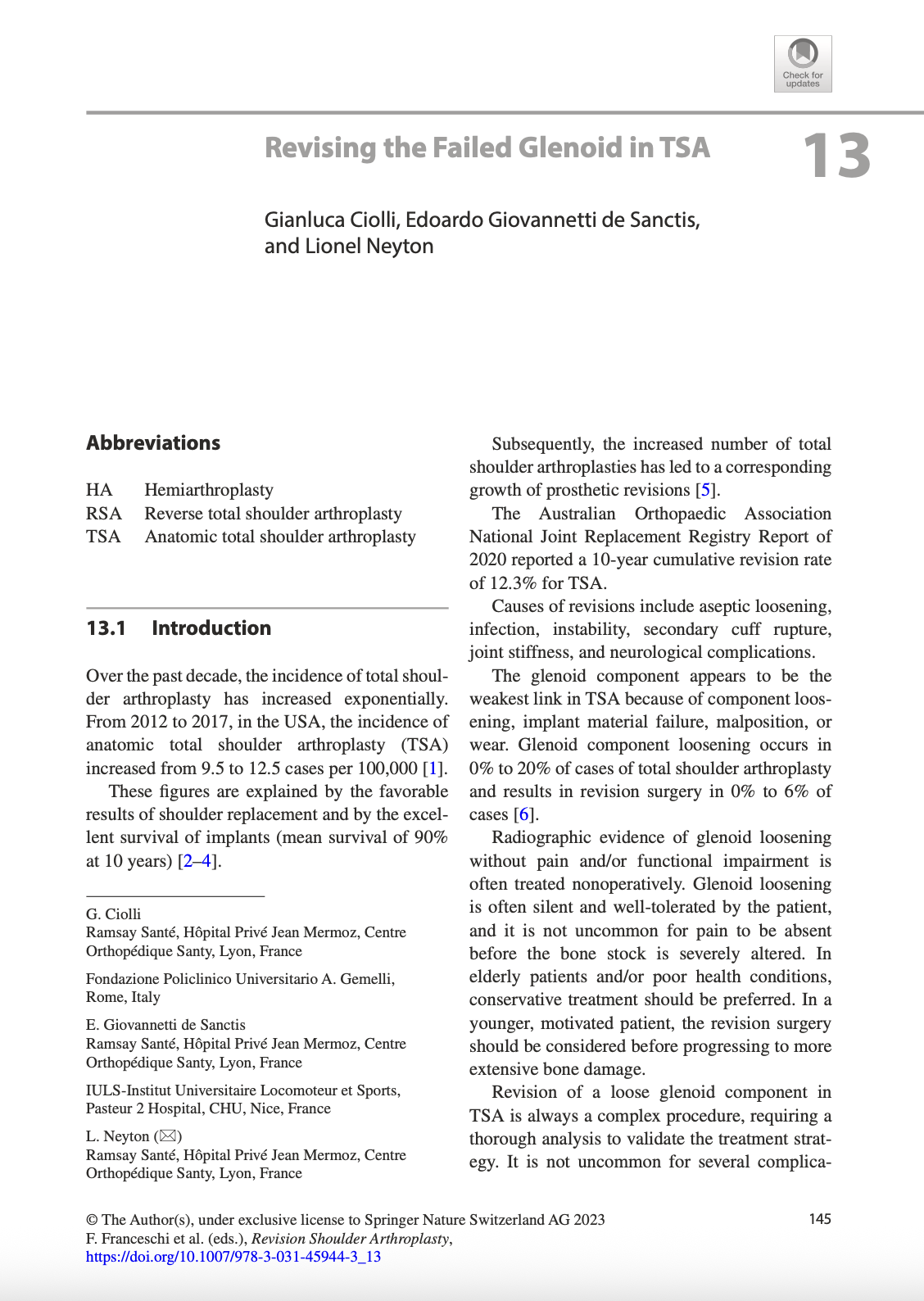 Publications | Chapter 'Revising the Failed Glenoid in TSA' with authors Gianluca Ciolli, Edoardo Giovannetti de Sanctis, and Lionel Neyton, discussing shoulder arthroplasty and glenoid loosening.