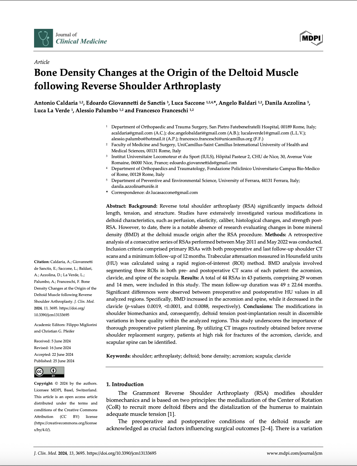 Article "Bone Density Changes at the Origin of the Deltoid Muscle following Reverse Shoulder Arthroplasty" co editor Edoardo Giovannetti de Sanctis