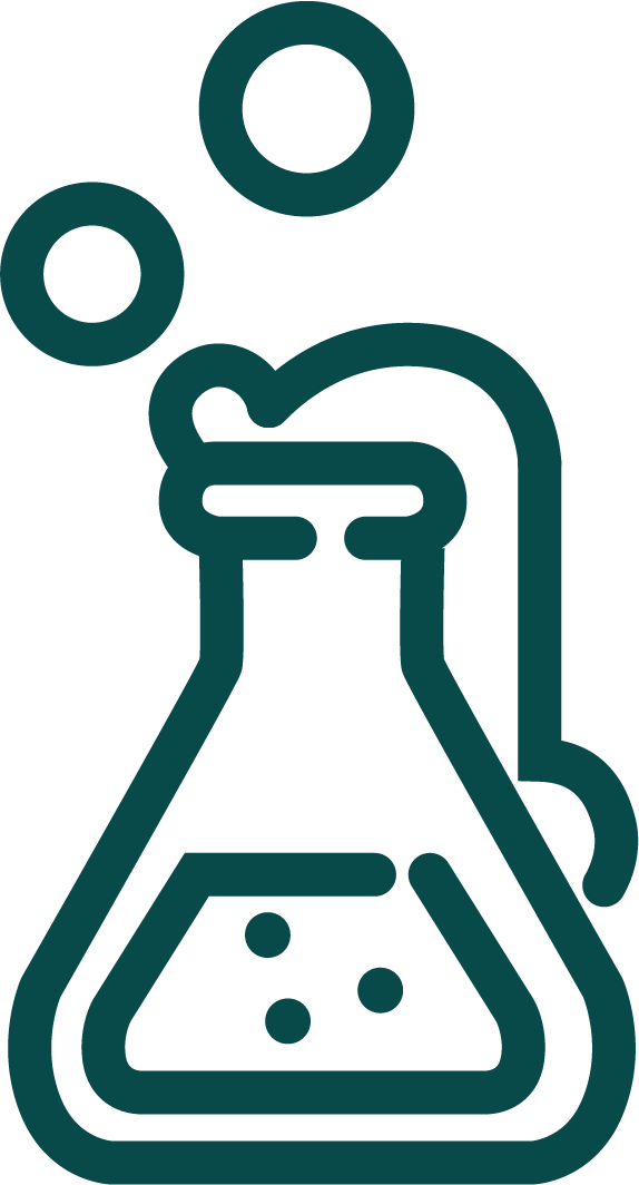 Line drawing of a laboratory flask with liquid inside and bubbles, with two floating bubbles above the flask.