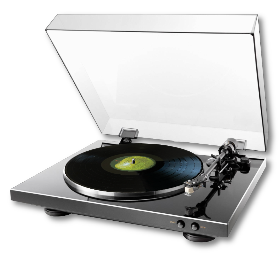 A vintage black vinyl record player with an open white lid.