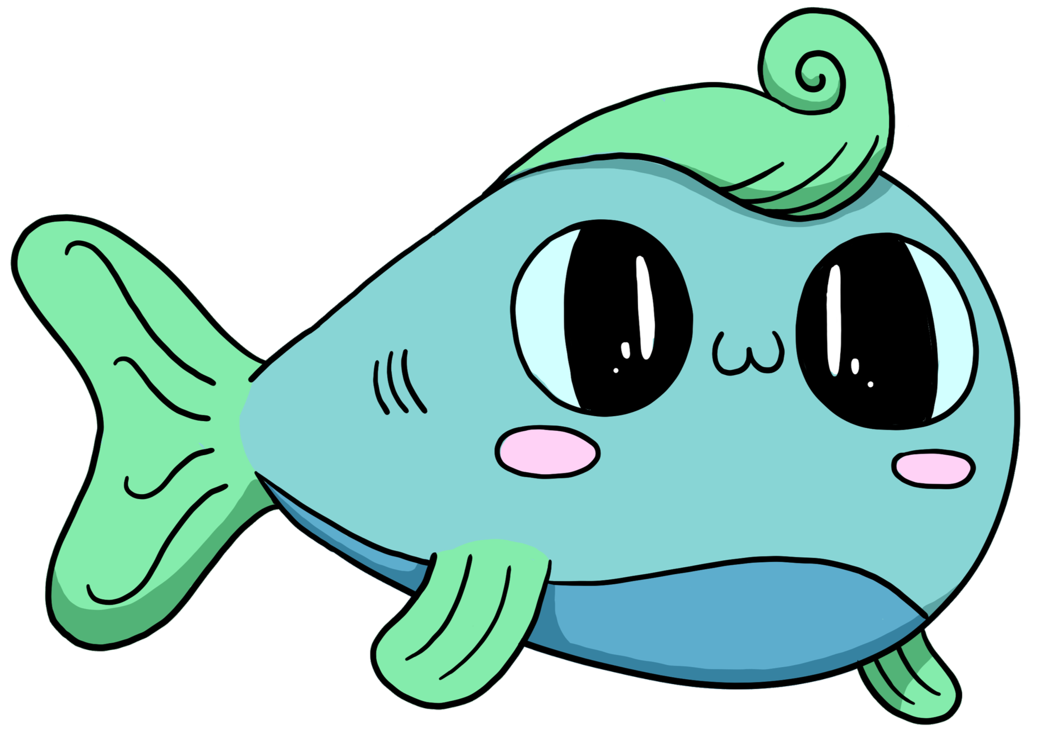 Cute cartoon fish with large eyes, a small mouth, and fins. The fish is light blue with green fins and tail, set against a black background.