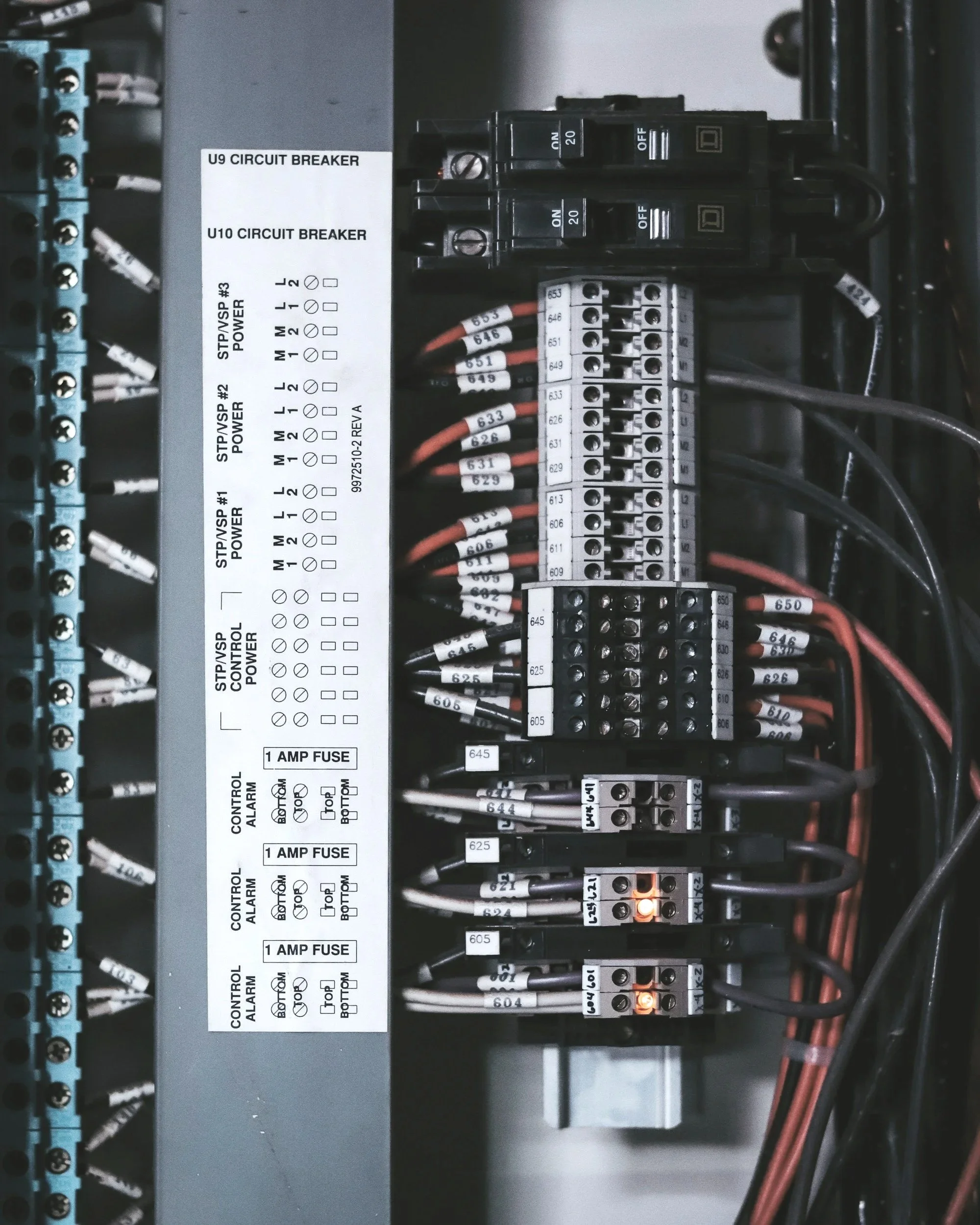 Close-up image of an electrical control panel with circuit breakers, terminal blocks, wiring, and indicator lights.