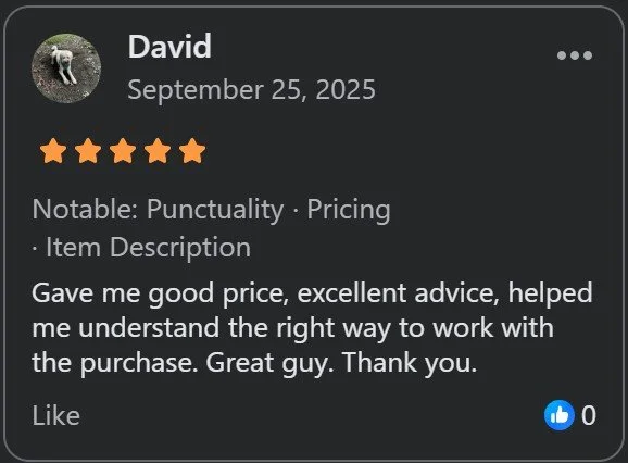 Screenshot of a Facebook review by David, posted on September 25, 2025, with five star ratings, praising punctuality, pricing, and helpful advice, expressing gratitude for the service.