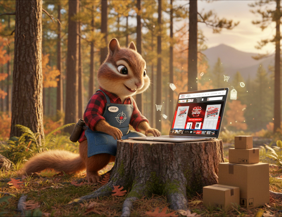 Animated squirrel using a laptop outdoors in a forest during fall, with packages nearby.