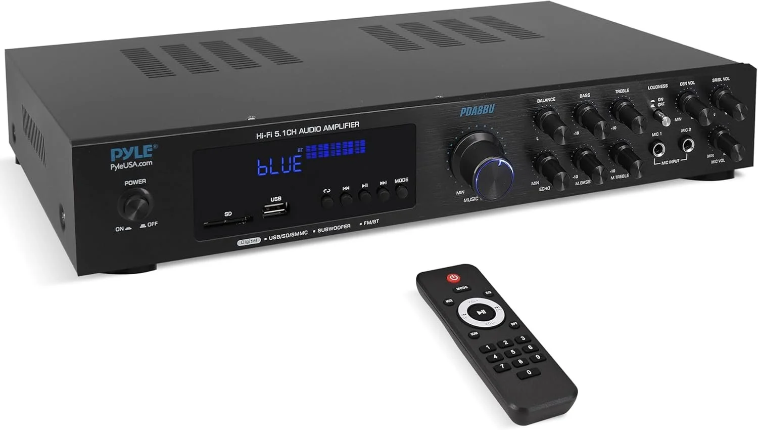 Pyle Bluetooth Audio Amplifier - Home Stereo Receiver with 5 Channels and Subwoofer Out - MP3/USB/SD - AUX - FM Radio - 2 Mic Inputs w/ Echo - VFD
