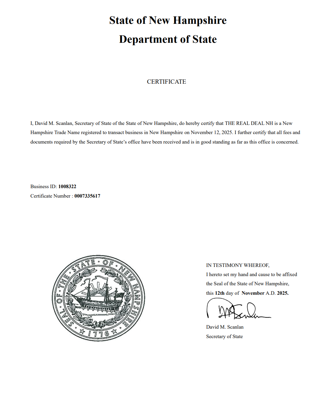 Official New Hampshire Department of State certificate with a seal featuring a ship and the signature of the Secretary of State, David M. Scanlan.