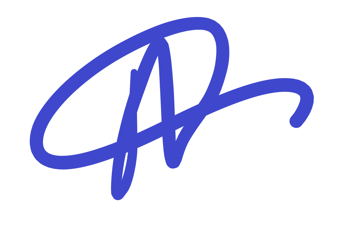 Blue stylized signature or logo on a black background